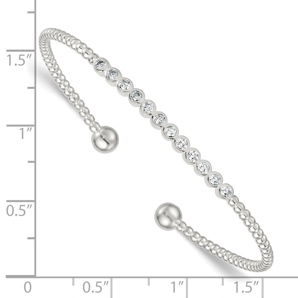 Sterling Silver Polished and Beaded Bezel Set CZ Bar Cuff Bangle QB1587
