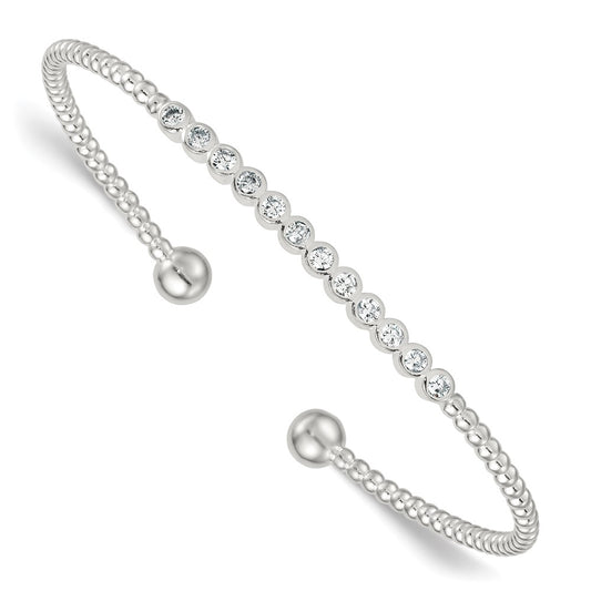 Sterling Silver Polished and Beaded Bezel Set CZ Bar Cuff Bangle QB1587