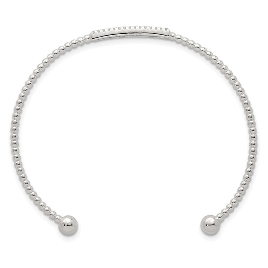 Sterling Silver Polished and Beaded CZ Bar Cuff Bangle QB1588