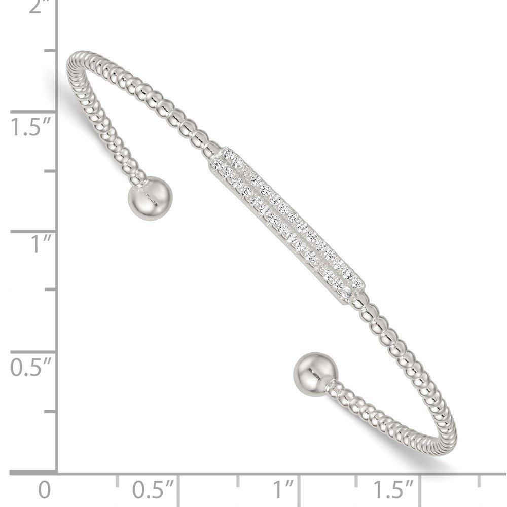 Sterling Silver Polished and Beaded CZ Bar Cuff Bangle QB1588