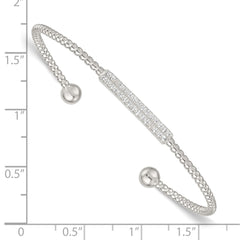 Sterling Silver Polished and Beaded CZ Bar Cuff Bangle QB1588