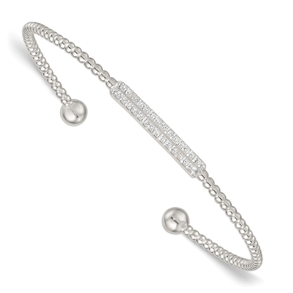 Sterling Silver Polished and Beaded CZ Bar Cuff Bangle QB1588