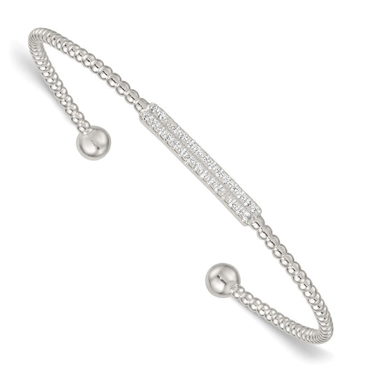 Sterling Silver Polished and Beaded CZ Bar Cuff Bangle QB1588