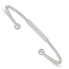 Sterling Silver Polished and Beaded CZ Bar Cuff Bangle QB1588