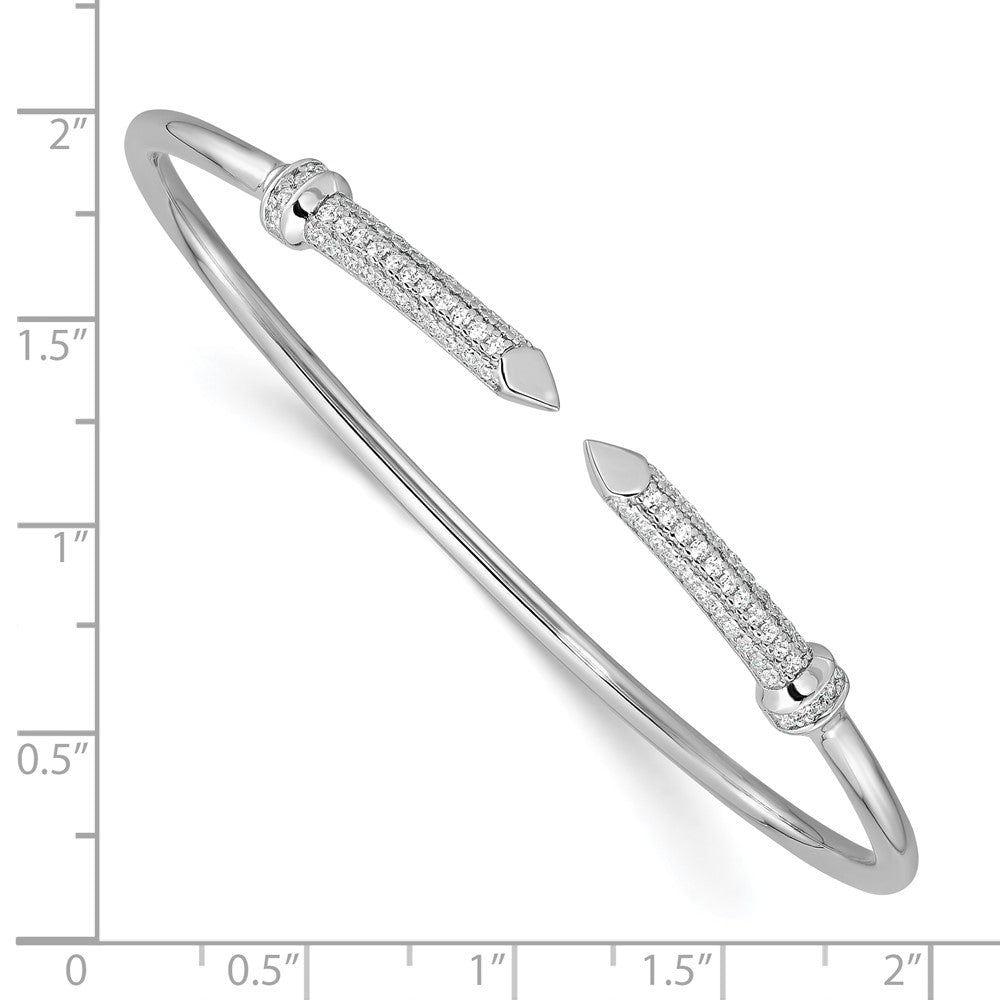 Sterling Silver Rhodium-plated Polished CZ Pointed Ends Flexible Cuff Bangle QB1590