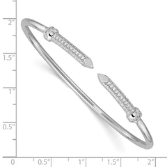Sterling Silver Rhodium-plated Polished CZ Pointed Ends Flexible Cuff Bangle QB1590