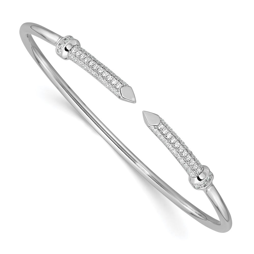 Sterling Silver Rhodium-plated Polished CZ Pointed Ends Flexible Cuff Bangle QB1590
