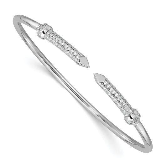Sterling Silver Rhodium-plated Polished CZ Pointed Ends Flexible Cuff Bangle QB1590