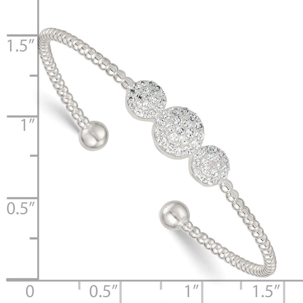 Sterling Silver Polished and Beaded Pave CZ Triple Circle Cuff Bangle QB1591