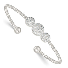 Sterling Silver Polished and Beaded Pave CZ Triple Circle Cuff Bangle QB1591