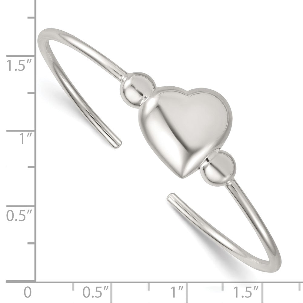 Sterling Silver Polished and Beaded Domed Heart Cuff Bangle QB1593