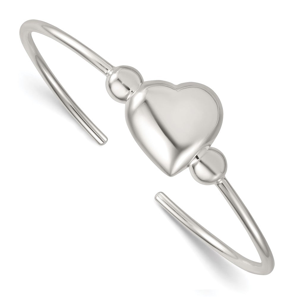Sterling Silver Polished and Beaded Domed Heart Cuff Bangle QB1593