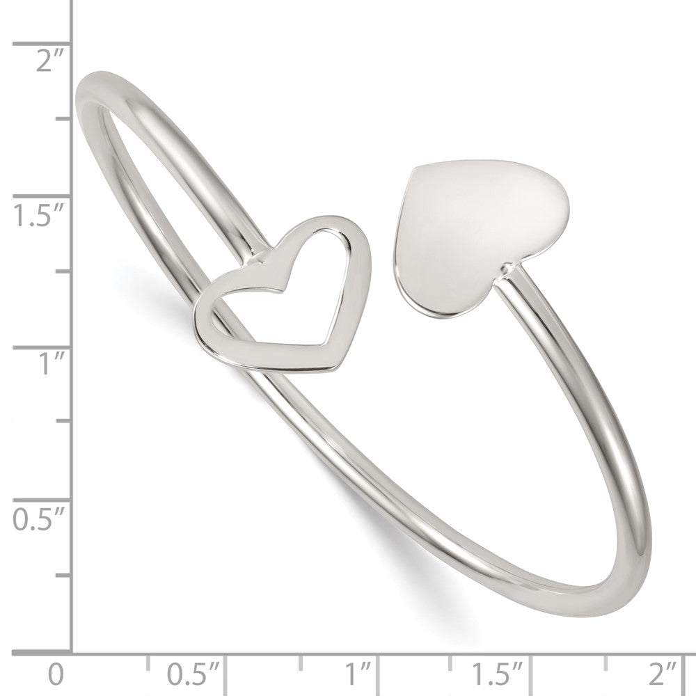 Sterling Silver Polished Double Heart Flexible Cuff Bangle QB1594