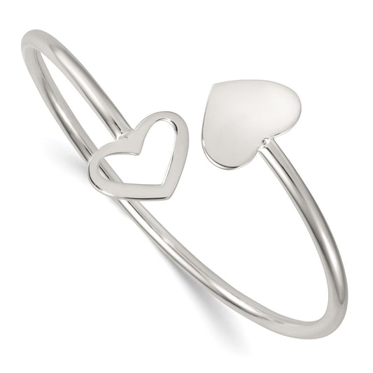 Sterling Silver Polished Double Heart Flexible Cuff Bangle QB1594