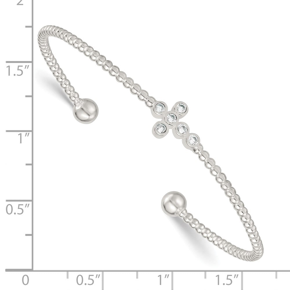 Sterling Silver Polished and Beaded CZ Cross Cuff Bangle QB1595