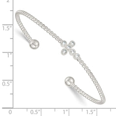 Sterling Silver Polished and Beaded CZ Cross Cuff Bangle QB1595