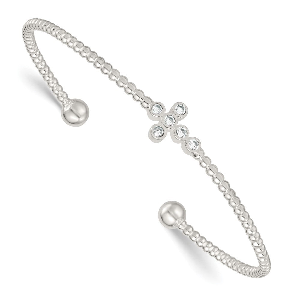 Sterling Silver Polished and Beaded CZ Cross Cuff Bangle QB1595