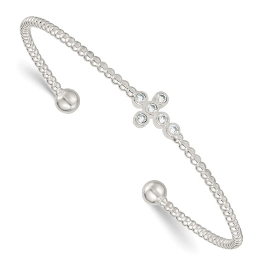 Sterling Silver Polished and Beaded CZ Cross Cuff Bangle QB1595