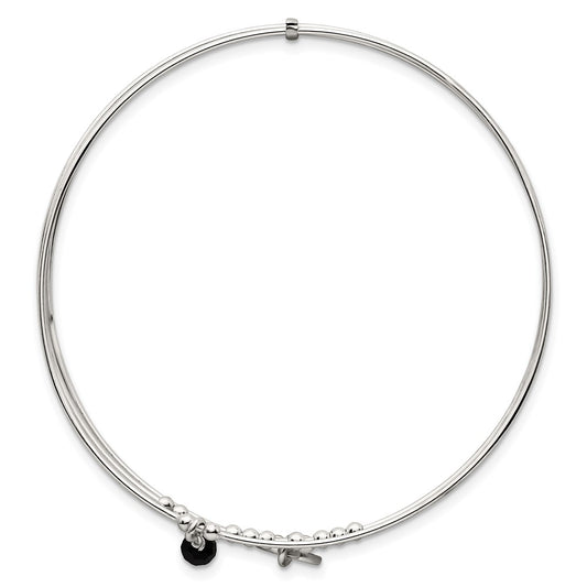 Sterling Silver Polished Beaded Miraculous Medal and Black Glass Bead Triple Band Slip-on Bangle Bracelet QB1604