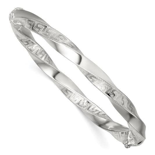 Sterling Silver Polished Textured and Twisted 6.50mm Greek Key Hinged Bangle QB1618