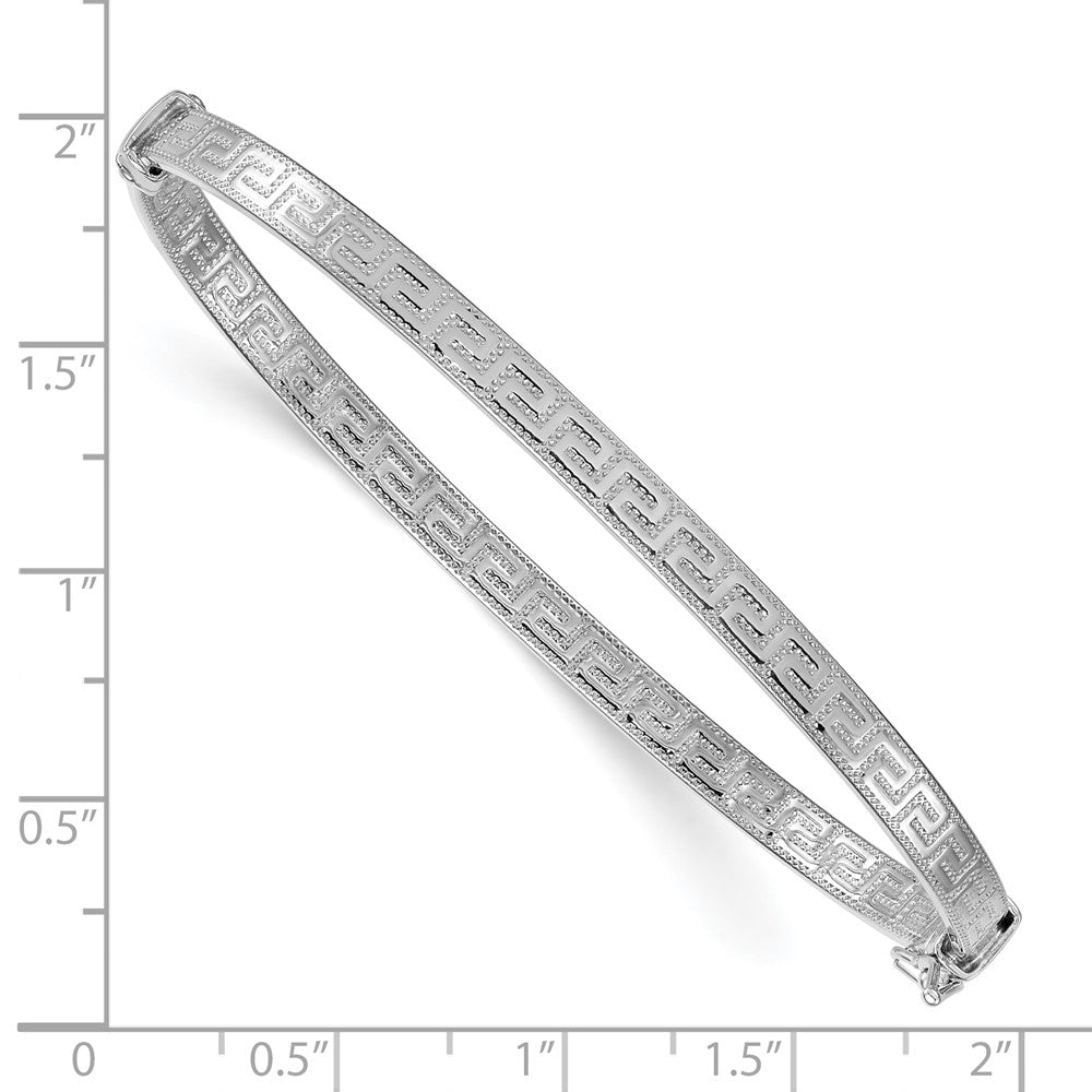 Sterling Silver Rhodium-plated Polished Textured Greek Key 4.00mm Hinged Bangle QB1620