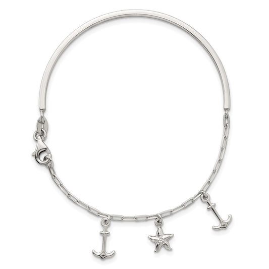 Sterling Silver Polished Anchor and Starfish Charms Half Bangle Bracelet QB1632