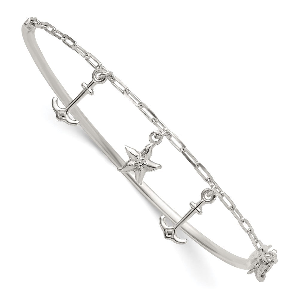 Sterling Silver Polished Anchor and Starfish Charms Half Bangle Bracelet QB1632