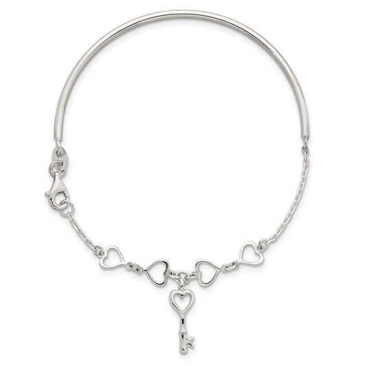 Sterling Silver Polished Open Hearts and Key Charms Half Bangle Bracelet QB1633