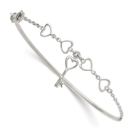 Sterling Silver Polished Open Hearts and Key Charms Half Bangle Bracelet QB1633