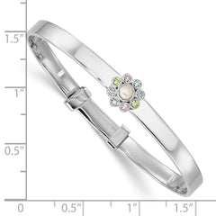 Sterling Silver Rhodium-plated Polished Green, Pink, Blue and Purple CZ and Freshwater Cultured Pearl Flower Childrens Expandable Bangle QB1639