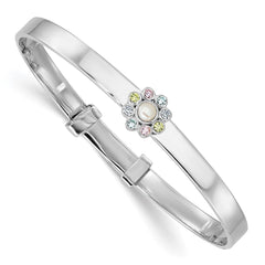 Sterling Silver Rhodium-plated Polished Green, Pink, Blue and Purple CZ and Freshwater Cultured Pearl Flower Childrens Expandable Bangle QB1639