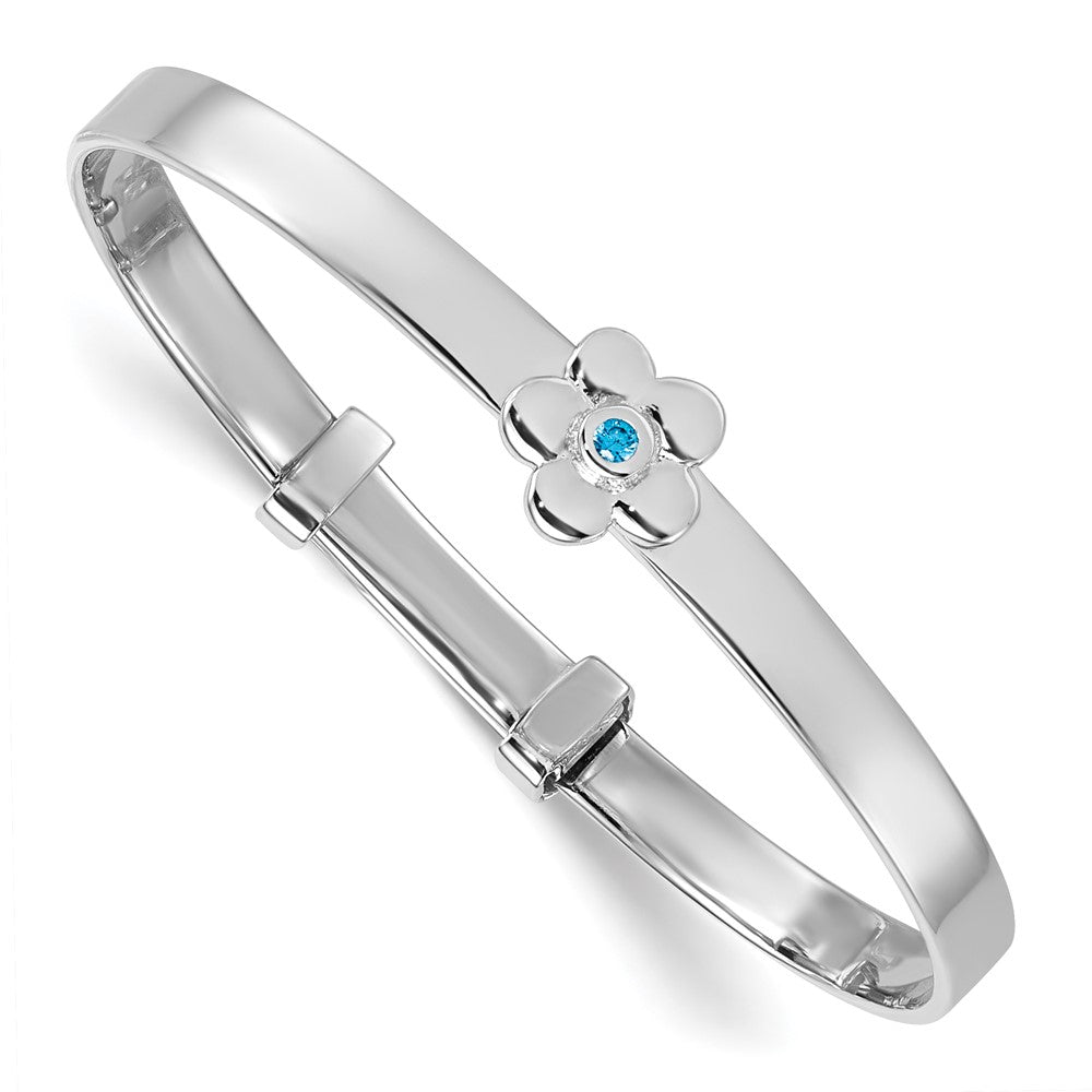 Sterling Silver Rhodium-plated Polished Blue CZ Flower Childrens Expandable Bangle QB1640
