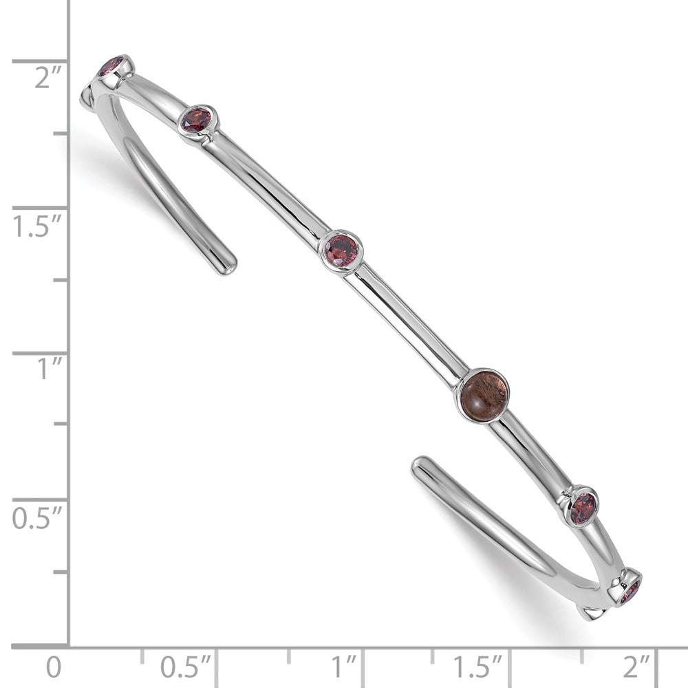 Sterling Silver Rhodium-plated Polished Brown CZ and Smokey Quartz Cuff Bangle QB1643