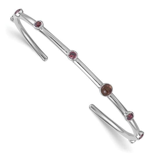 Sterling Silver Rhodium-plated Polished Brown CZ and Smokey Quartz Cuff Bangle QB1643
