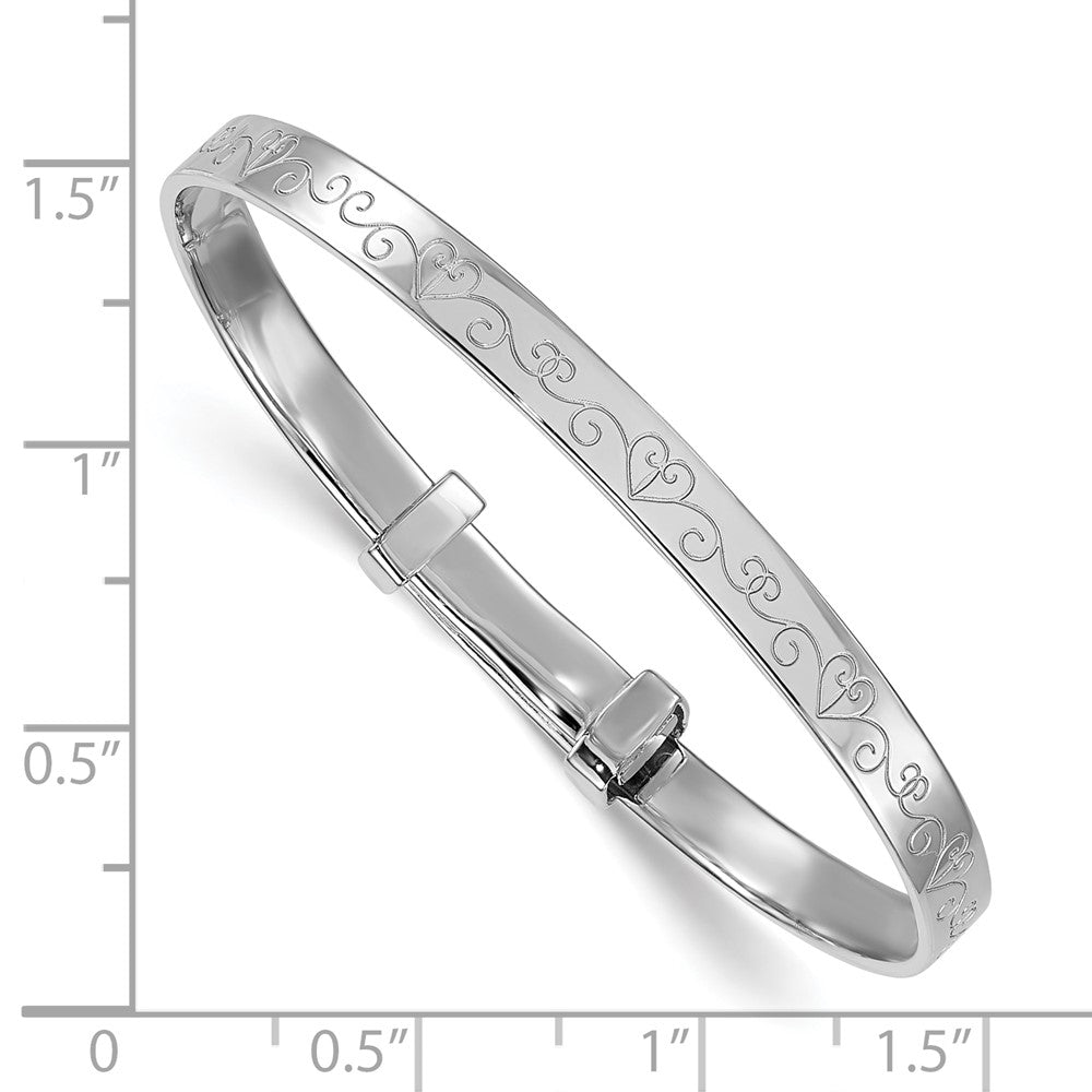 Sterling Silver Rhodium-plated Polished Etched Heart Pattern Childrens Expandable Bangle QB1644