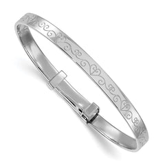 Sterling Silver Rhodium-plated Polished Etched Heart Pattern Childrens Expandable Bangle QB1644