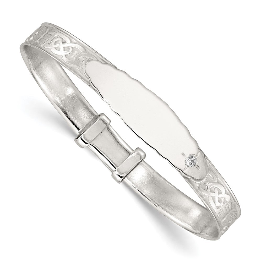 Sterling Silver Polished White CZ Claddagh Expandable Slip-on Baby ID Bangle QB1647
