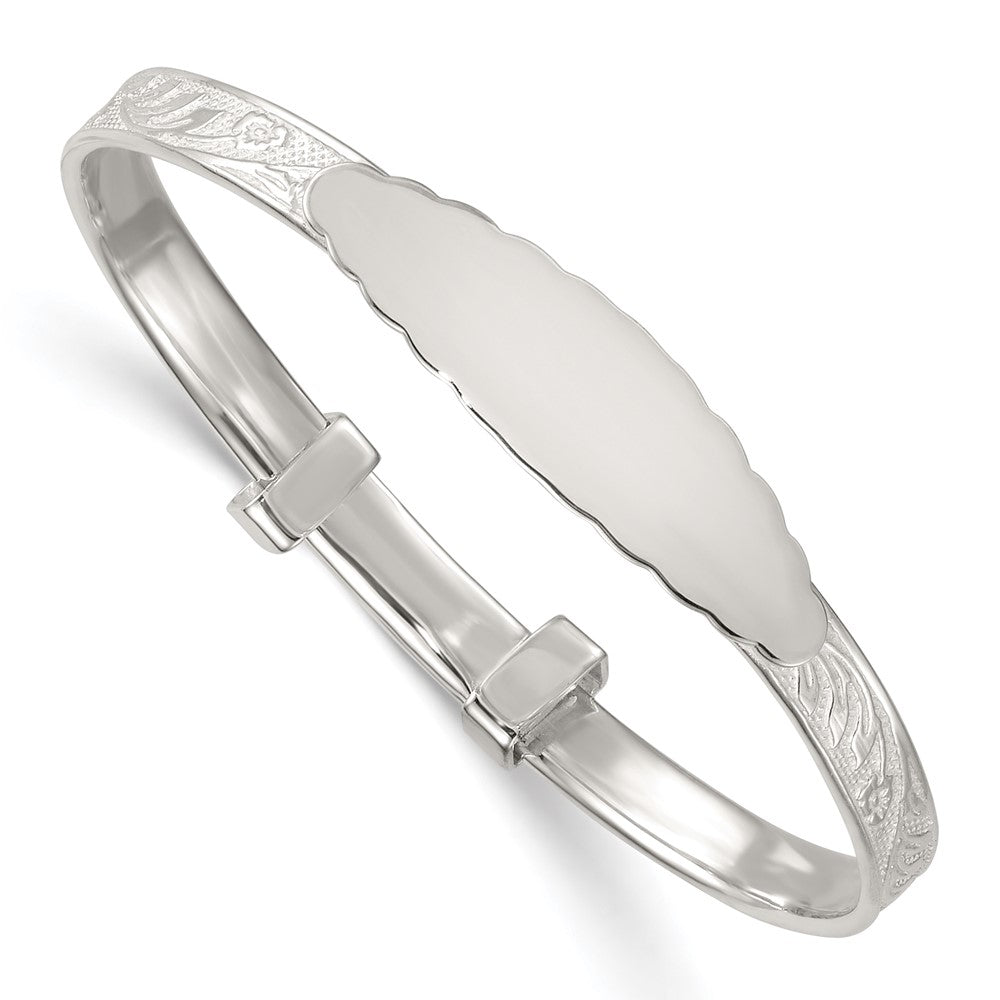 Sterling Silver Polished Textured Floral Expandable Slip-on Baby ID Bangle QB1648