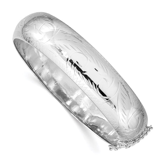Sterling Silver Rhodium-plated D/C 15mm Fancy Hinged Bangle Bracelet QB36