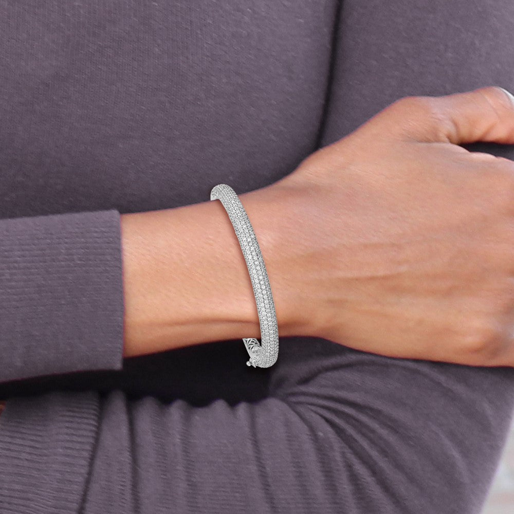 Sterling Shimmer Sterling Silver Rhodium-plated 303 Stone CZ Pav������ Hinged Bangle QB666