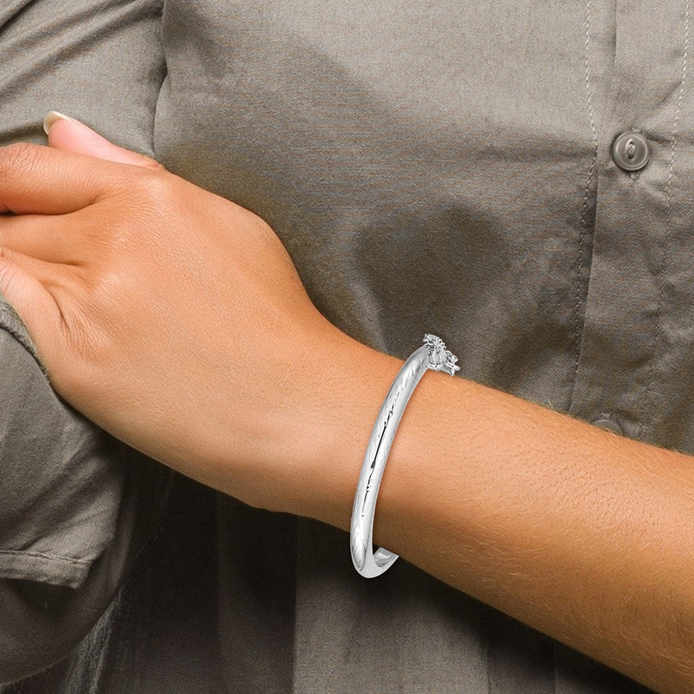 Sterling Silver Rhodium-plated Polished & Diamond-cut 4mm with Safety Clasp Hinged Children's Bangle QB785