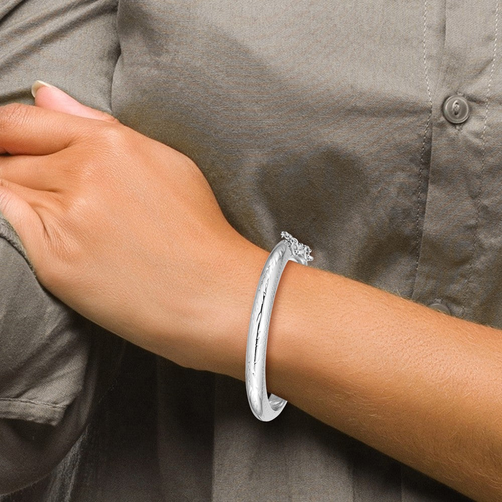 Sterling Silver Rhodium-plated Polished & Diamond-cut 5mm with Safety Clasp Hinged Children's Bangle QB789