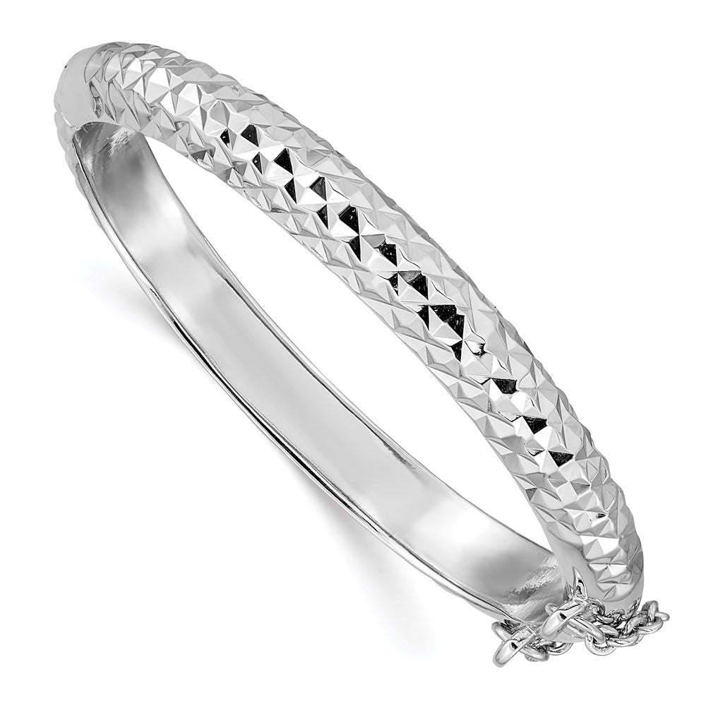Sterling Silver Rhodium-plated Polished & Diamond-cut 5.5mm with Safety Clasp Hinged Children's Bangle QB797
