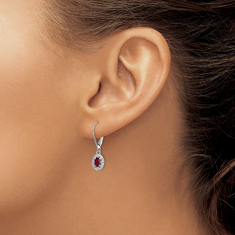 QBE10JUL Sterling Silver Rhodium Plated Diamond and Lab Created Ruby Dangle Leverback Earrings