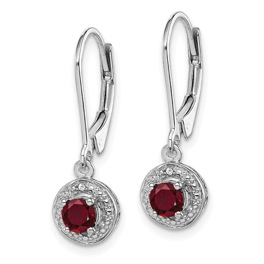 QBE11JUL Sterling Silver Rhodium Plated Lab Created Ruby and Diamond Halo Dangle Leverback Earrings