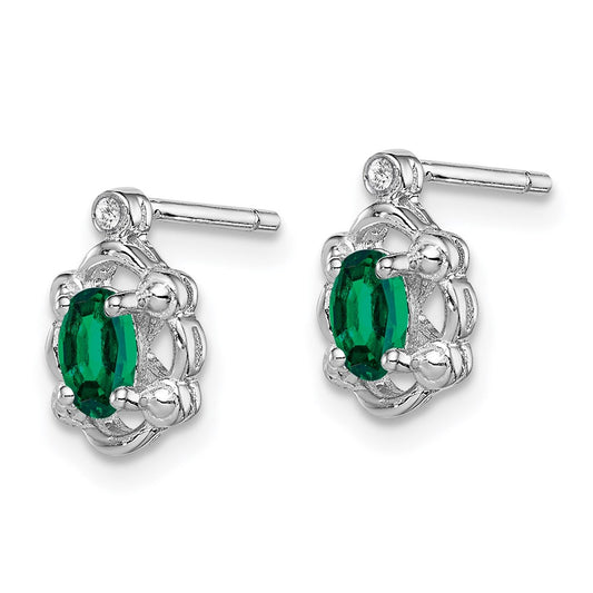 QBE21MAY Sterling Silver Rhodium-plated Created Emerald & Diam. Earrings