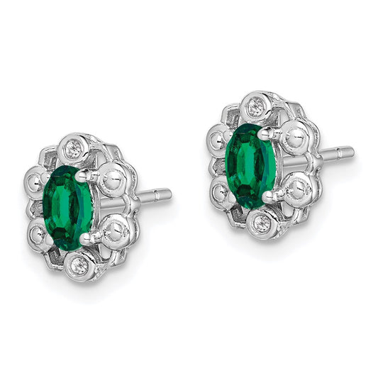 QBE22MAY Sterling Silver Rhodium-plated Created Emerald & Diam. Earrings