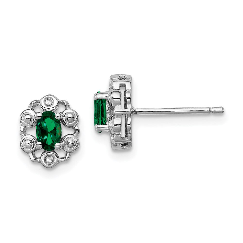 QBE22MAY Sterling Silver Rhodium-plated Created Emerald & Diam. Earrings