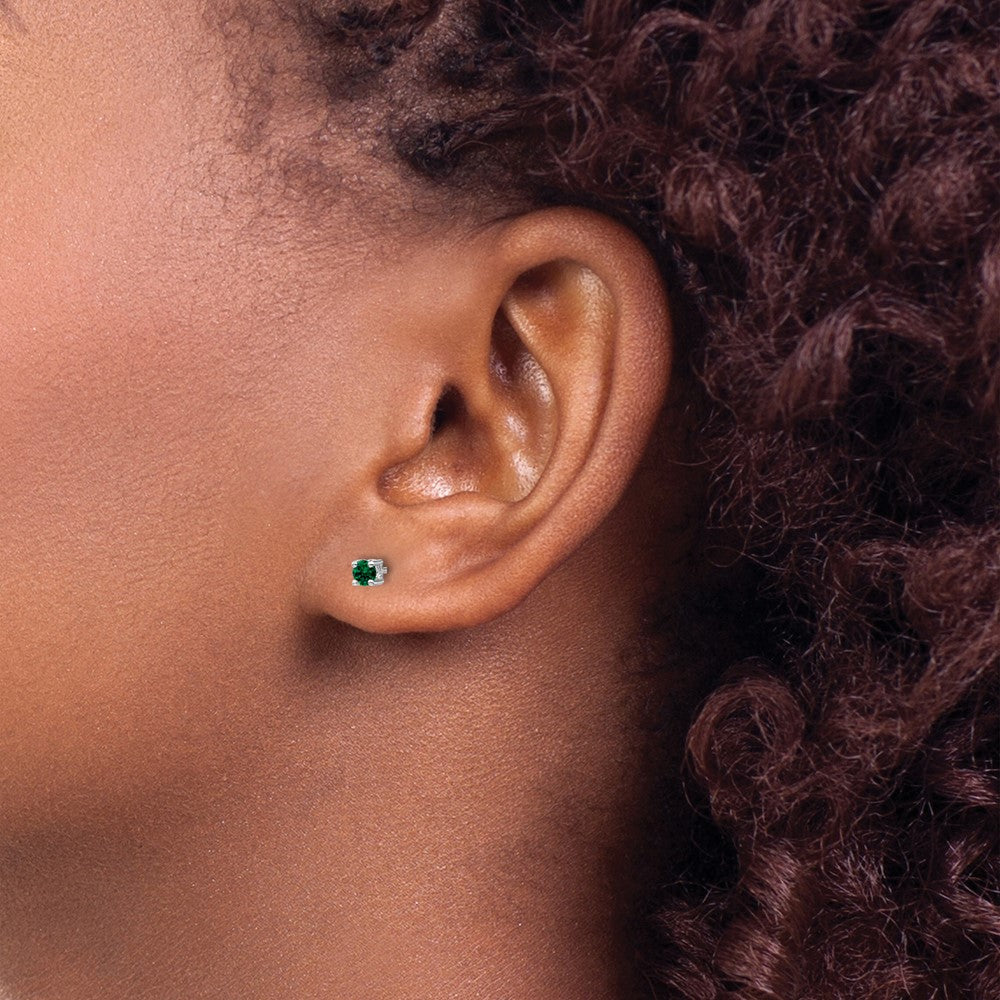 QBE25MAY Sterling Silver Rhod-plated 3mm Round Created Emerald Post Earrings