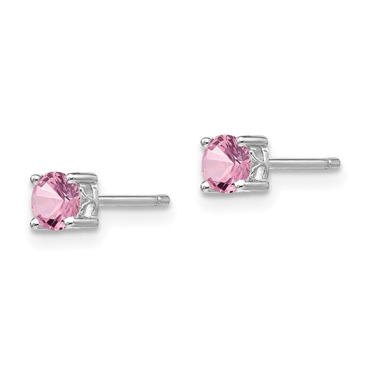 QBE26OCT Sterling Silver Rhodium-plated 4mm Round Created Pink Sapphire Post Earring